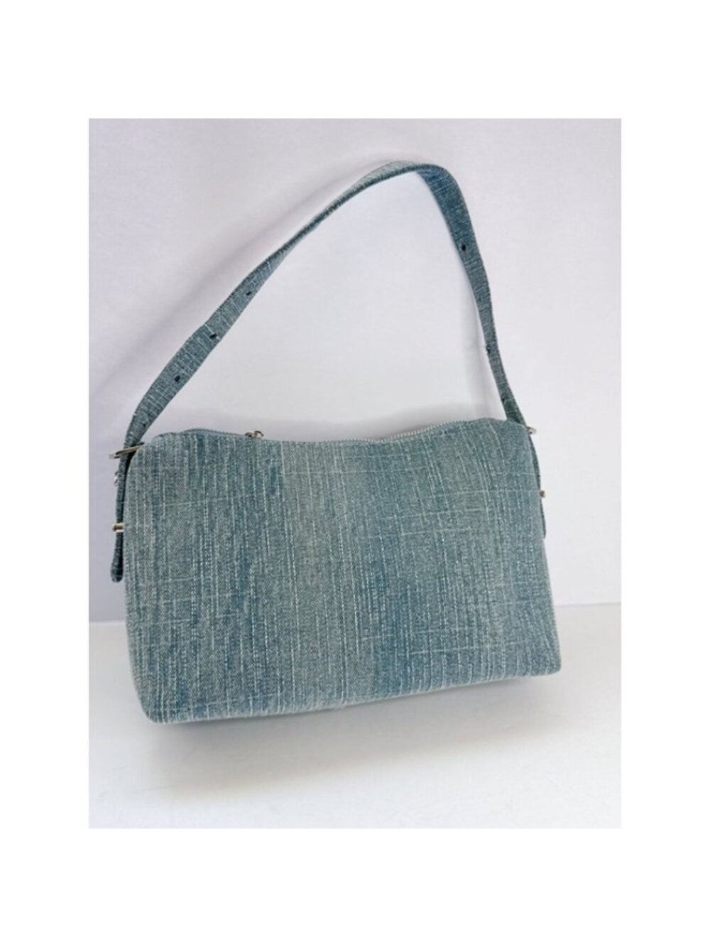 Women’s Light Blue Denim Shoulder Bag Y2K Baguette Purse Zip Top Handbag